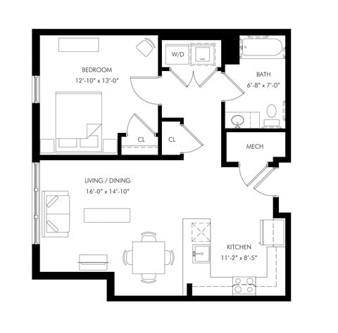 Floor plan for 1 bed, 1 bath, 730 sqft